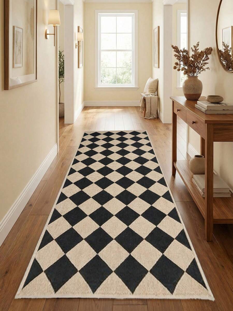 Modern Black And Beige Plaid Runner Rug - Non-Slip Washable 100% Polyester, Geometric Diamond Pattern Indoor/Outdoor Mat, Suitable For Hallway, Kitchen, Porch, Laundry Room, Entryway Decor, Holiday Gift, Washable Carpet, Easy Care Material - Multicolor - View 1