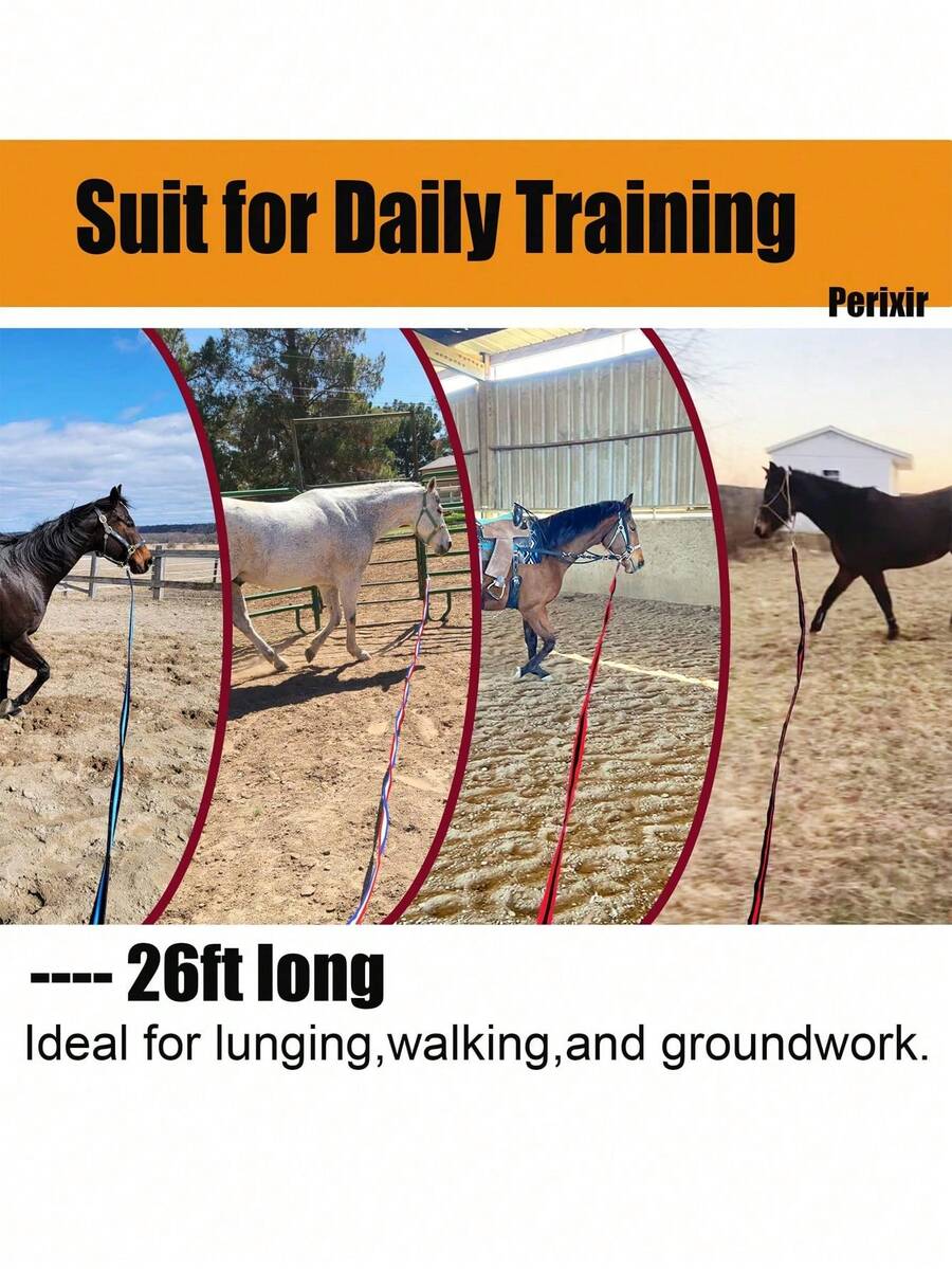 26英尺/34英尺扁平马匹训练绳，配有重型旋转扣和触发扣，适合日常马匹训练 | 适用于溜马和地面训练的马匹训练绳