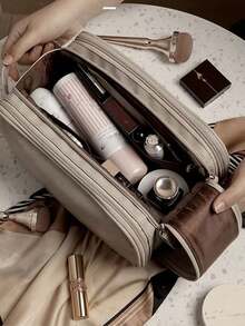 Beige Waterproof PU Leather Multifunctional Makeup Bag Double-Layer Large Capacity Portable Travel Cosmetic Bag Toiletries Storage Bag With Handle For Woman Dividers PU Makeup Bag Brush Storage Bag Men Business Wash Bag Makeup Bags Makeup Organizer Make Up Organizer Makeup Storage Back To School Supplies Make Up Bag,Travel Essential,Summer Bag,Summer,Bridesmaid Gifts,Mother's Day,Mom,Mother's Day Gift,Flower,Jewelry,Mother's Day Decorations,Mother's Day Party Supplies,Women,Pink,Gift Set - Light Grey - View 5