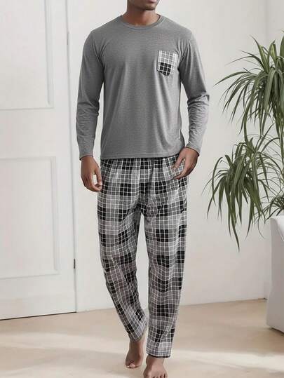 2pcs Men's Plus Size Casual Loose Solid Crew Neck Long Sleeve Top With Pockets & Plaid Lounge Pants Pajama Set, Suitable For Spring, Autumn, Winter, Valentine's Day Gift