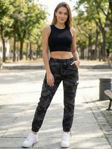 女士运动休闲迷彩工装裤，Y2K 高腰口袋慢跑裤，街头风 - 深灰色 - 查看 3