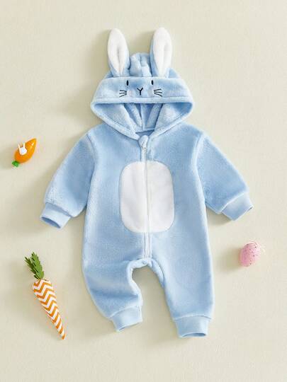 Infant Girl Boy Easter Rompers Long Sleeve Hooded Spring Full Zipper Fleece Rabbit Jumpsuit