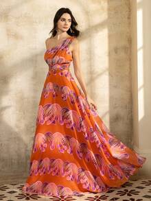Faeriesty Elegant Women's Glamorous Chiffon Long Formal Dress With One Shoulder And Flared Hem, Sleeveless Flowing Design Perfect For Evening Events - Orange - View 5