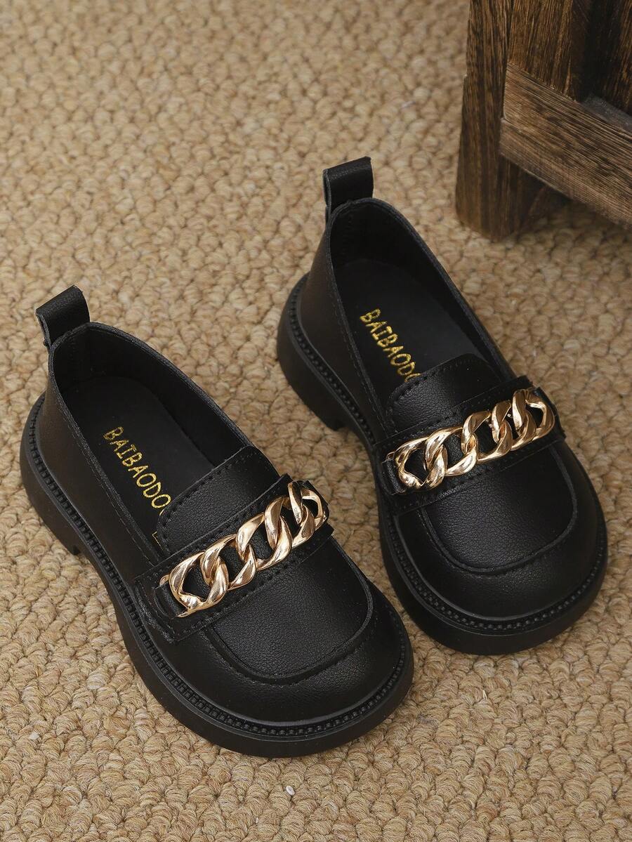 1双儿童金属扣装饰PU舒适轻便圆头套脚平底乐福鞋，适合日常穿着和户外活动，四季皆宜。 - 黑色 - 查看 1