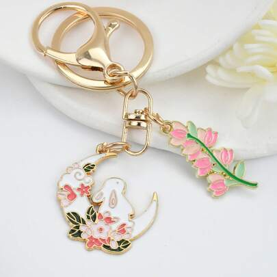 1pc Creative & Fashionable Sakura, Moon & Rabbit Combination Floral Branch Keychain, Cute Cartoon Rabbit Sitting On Moon Floral Branch Couple Keyring, Ideal Gift For Valentine's Day, Holidays, Friends, Daily Accessory & Bag Decor