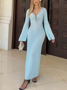 Crochet Deep V-Neck Women's Fashion Elegant Sexy Minimalist Solid Color Casual Knit Dress, Suitable For Beach, Music Festival, Wedding Season, Vacation Summer - Light Blue - View 5