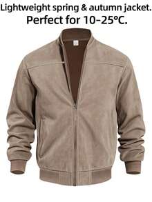 Men's Khaki Suede Bomber Jacket, Full Zip Stand Collar Casual Coat, Retro Faux Leather Jacket, Suitable For Spring And Autumn, Outdoor Commute Casual Jacket, High-Quality Men's Gift - Camel - View 3