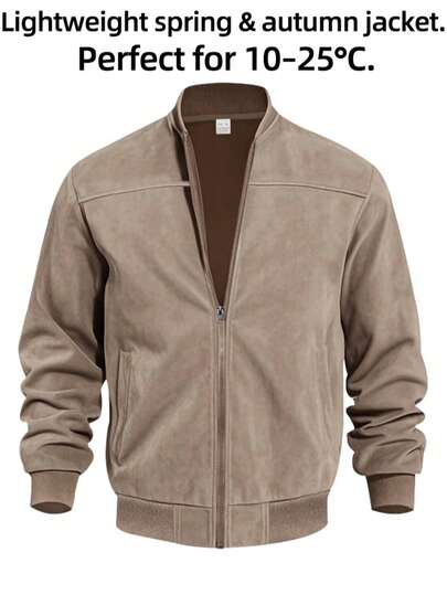 Men's Khaki Suede Bomber Jacket, Full Zip Stand Collar Casual Outerwear, Suitable For Spring And Autumn, Outdoor Commute Casual Jacket, Retro Faux Leather Jacket, High-Quality Gift For Men