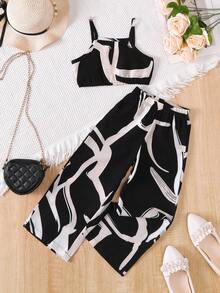 2pcs/Set Girls Casual Printed Camisole Top And Printed Pants, Summer Fashion Outfit - Black - View 1