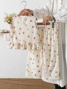 2件套女童夏季无袖V领荷叶边上衣和碎花裤休闲套装 - 杏色 - 查看 2