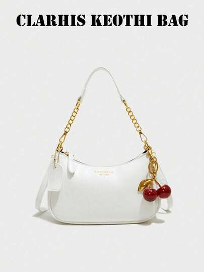 New Stylish Classic Multifunctional PU Waterproof Material, Decorated With Letter Patterns, Solid Color Crescent Shoulder Bag, Chain Shoulder Underarm Bag, Cherry Pendant Decoration, Fashionable Women's Shoulder Bag, Business Commuting Bag, Lightweight, Suitable For Shopping And Gatherings, Easy To Carry.