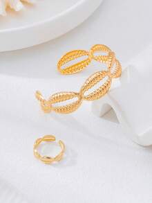 2pcs Fashionable Geometric Cutout Oval Bangle & Ring Set, Suitable For Women's Daily And Party Wear - Gold - View 4