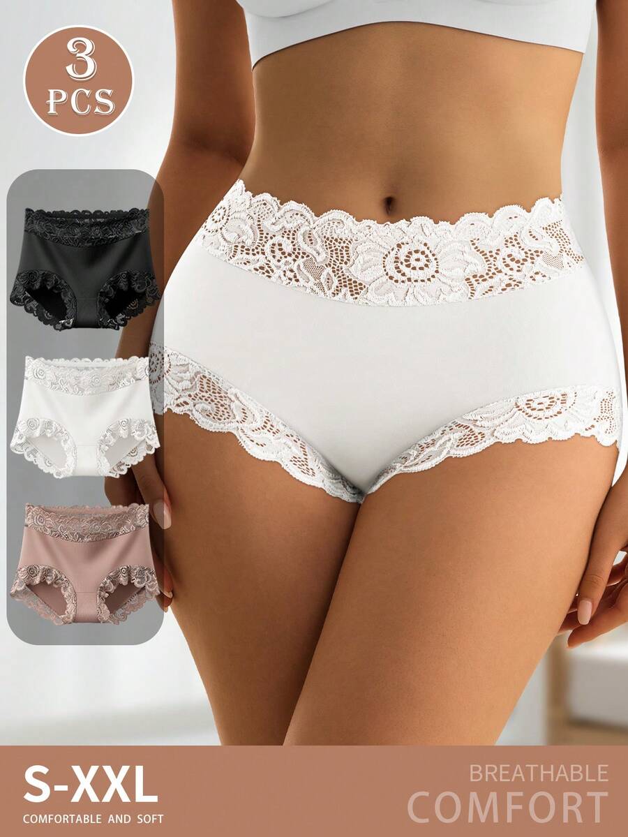 QUASTI 3pcs Women's Mid-Rise Lace Print Underwear, Comfortable, Skin-Friendly, Breathable - Multicolor - View 1