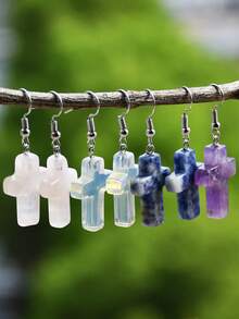 Natural Stone Cross Earrings, Vintage Personalized Design Turquoise & Amethyst & Rhodochrosite Pendant Earrings - Multicolor - View 6