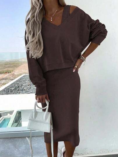 2pcs Women Set: Solid Color Drop Shoulder Long Sleeve Sweatshirt And Sleeveless Dress