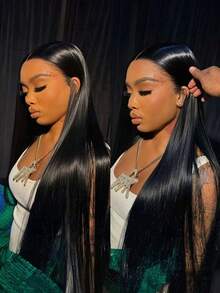 NATAN Elegant 28-Inch Black Straight Lace Front Wig For Women - High-Density Synthetic Hair, Heat Resistant, Matte Finish - Natural & Black - View 2