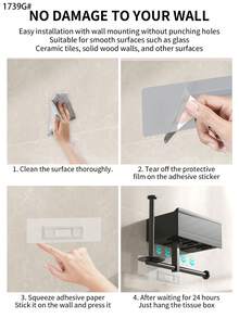 1pc Wet Wipes & Toilet Paper Holder, Self-Adhesive Wall Mount, Bathroom Tissue Roll Dispenser With Storage Shelf - Multicolor - View 11