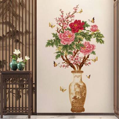 1pc Peony Flower Vase Wall Sticker, Entryway Decor