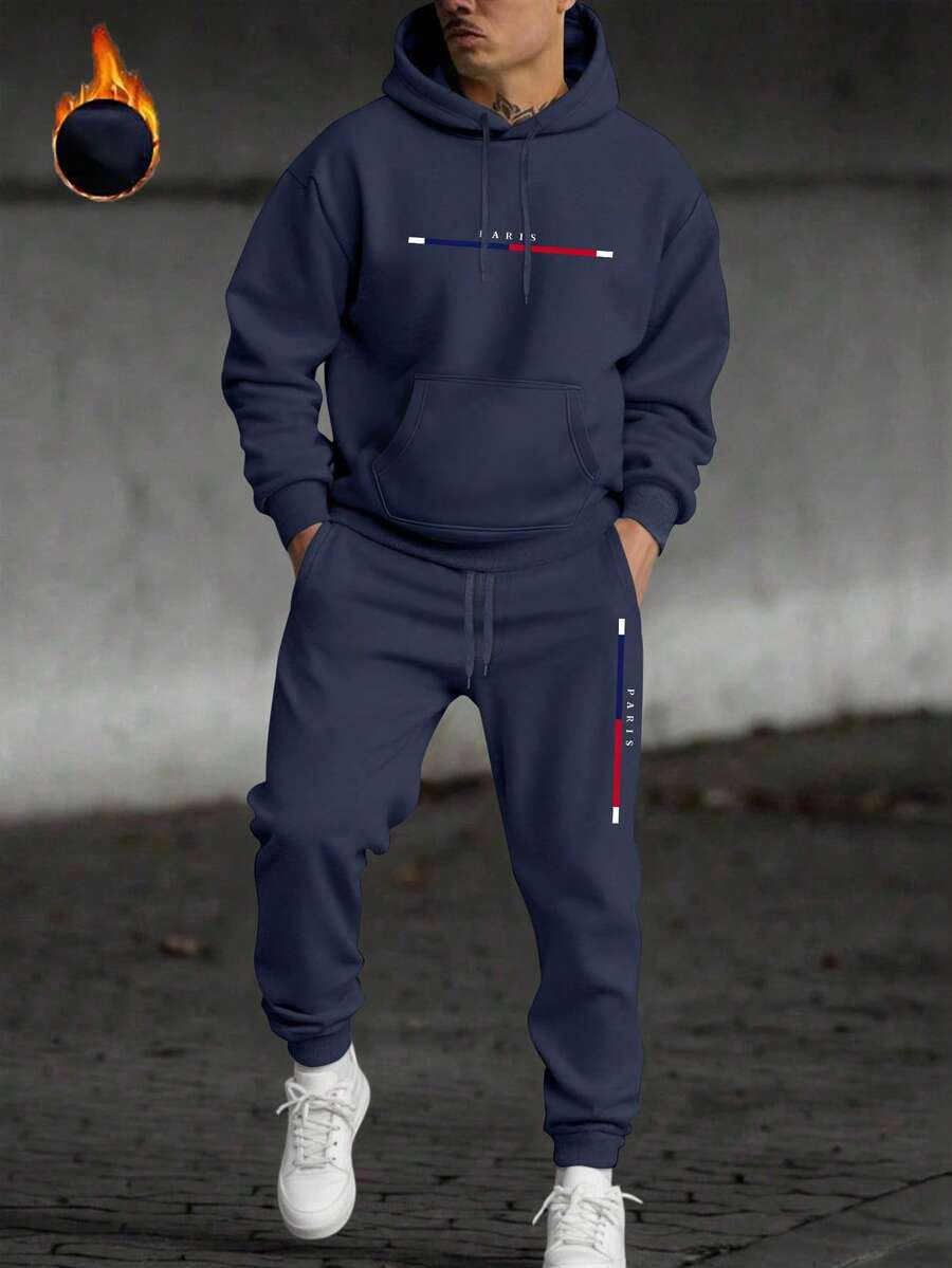 2pcs/Set Men's Casual Cartoon Paris Letter Drawstring Pocket Hoodie And Drawstring Sports Pants Suit