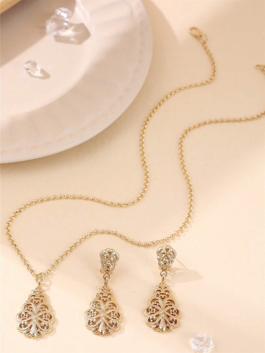 两件套中东女士时尚首饰套装，项链和耳环，镂空雕刻，高贵典雅，适合新娘婚礼、斋月节等节日场合佩戴。 - 金色 - 查看 1