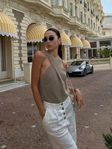 Women's Minimalist Elegant Knit Top, Chic Casual Style, Spring/Summer - Brown - View 2