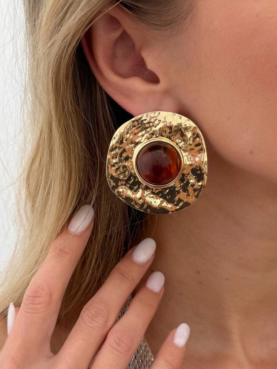 1对复古金属不对称几何圆形耳环，奢华几何树脂宝石耳钉，女士日常派对和节日装饰首饰 - 金黃色 - 查看 1