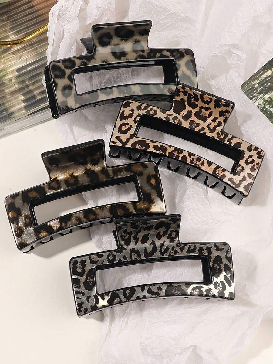 1/2/4pcs Leopard Print Hair Claw Clips, Shiny Minimalist Square Hair Clutches, Daily Casual Wear Hair Catcher Clip, School Stuff Fall Winter Women Vacation Outfits Flower Hair Jaw Clip (Random Colors) - Multicolor - View 1