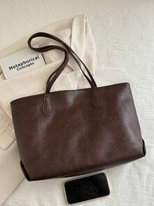 2pcs Women Black Quilted Lining Shoulder Tote Bag, Fashion Large Capacity Combination Handbag With Snap Closure, Casual Street Style For Photography, Daily Commute - Coffee Brown - View 3