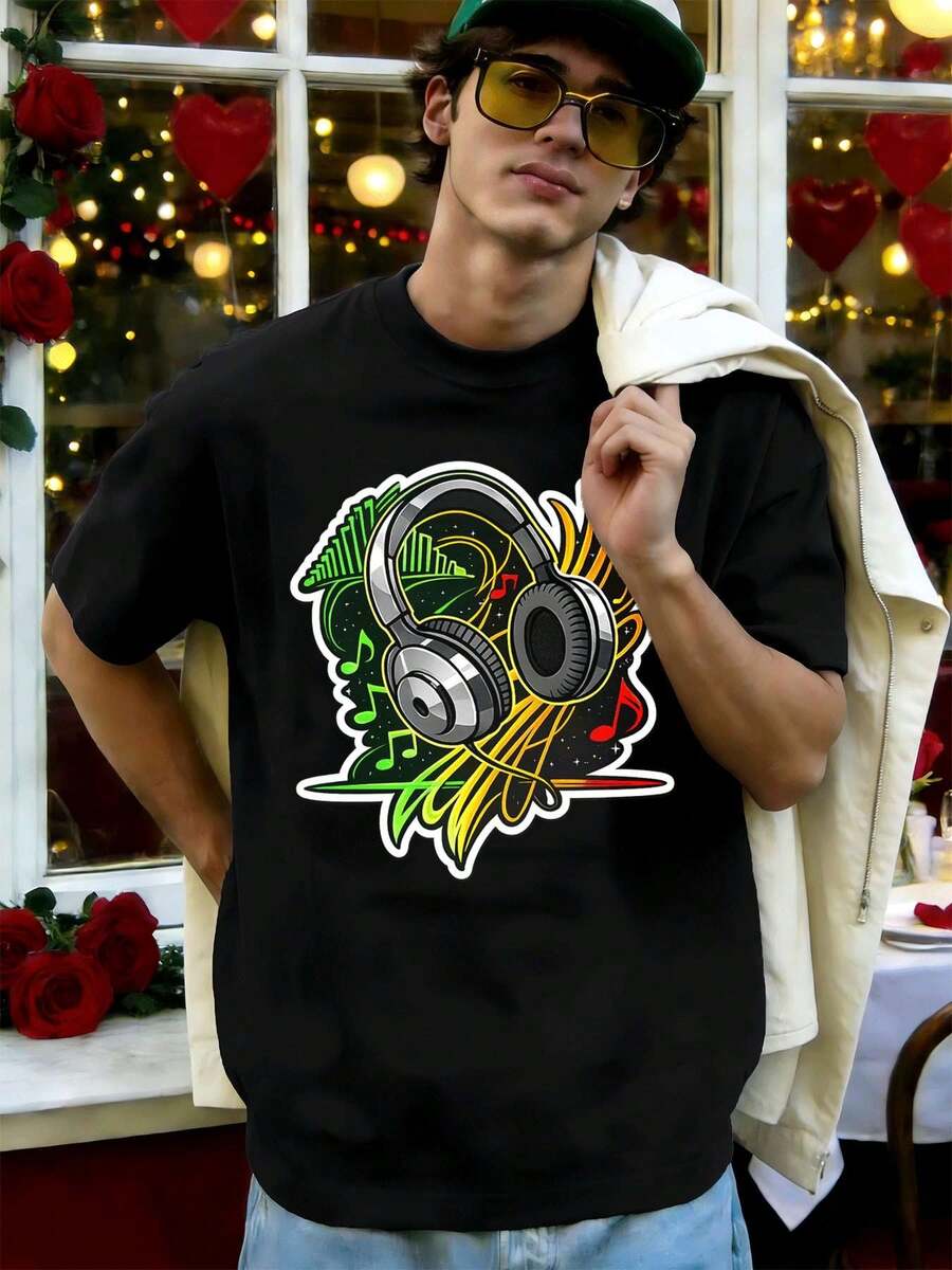 T-shirt homme à motif casque audio, été, décontracté, respirant, imprimé graphique unique - Noir - Voir 1