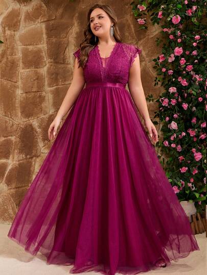 Vestido de dama de honor elegante de talla grande para mujer, de unicolor, elegante y grácil, con malla y encaje de contraste, con cremallera, para fiestas, bodas, invitadas, madre de la novia, cóctel y eventos formales, para primavera, verano, otoño e invierno