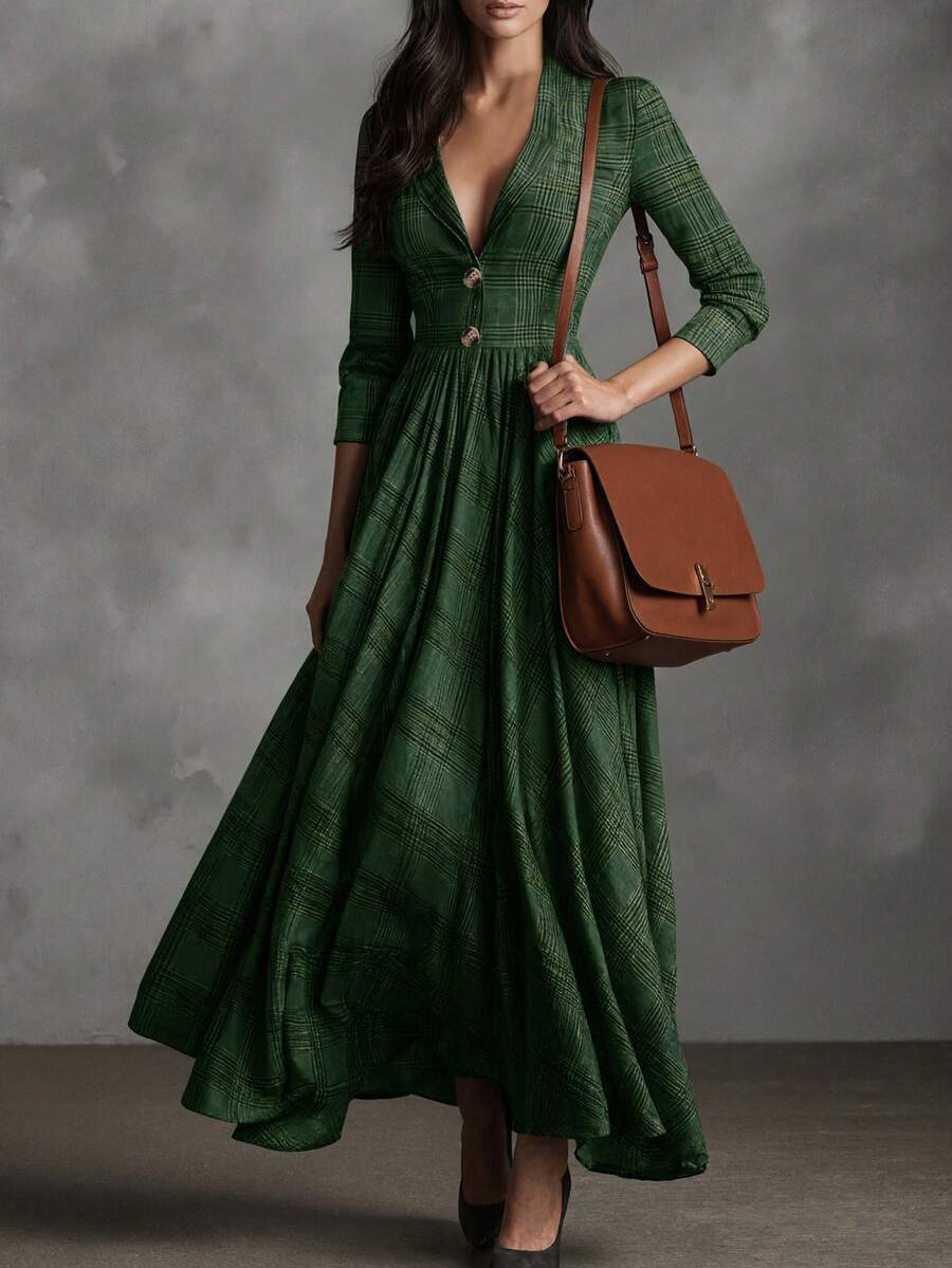 复古格子连衣裙，优雅V领法式中长款连衣裙，裙摆呈A字形，适合秋冬春季穿着。