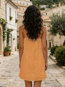 Women's Summer Mini Dress Adjustable Spaghetti Strap Sleeveless Solid Color Loose Fit Cami Dress - Orange-red - View 3