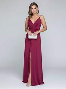 Elegant Women's Long Dress For Bridesmaids, Wedding Guests, Graduations, Birthday Parties, 15th Birthday, Straps, Rhinestones, Padded Cups, Slit, Lined Fabric - 瑪薩拉紅 - 查看 3