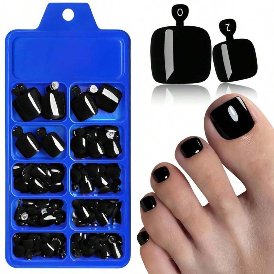 144pc Black Press On Toenails Women Toe Nail Press Ons, Black Toe Press On Nails Fake Toenails Square Fake Toes Nail Tips Glue On Toenail False Nail Feet Stick Acrylic Toes Nails Kit With Glue Tab - ColorA - View 1