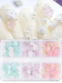 Conjunto de 6 caixas com flores de pérola multicoloridas, estilos variados, decorações de unhas em resina transparente 3D com rosas, acessórios para unhas com flores de camélia peroladas. - Multicolorido - Ver 6