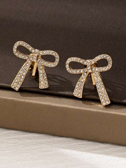 1 Pair Elegant Luxury Gold Rhinestone Bowknot Design Stud Earrings, Showcase Romantic Chic Fashion For Women, Suitable For Dates, Parties, Daily Wear