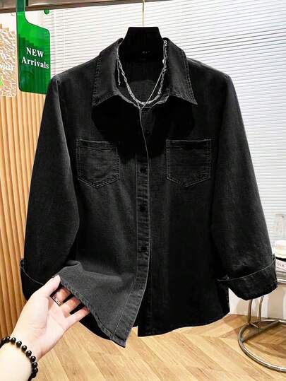 女士长袖牛仔衬衫，春夏新款简约复古休闲日常口袋装饰百搭衬衫