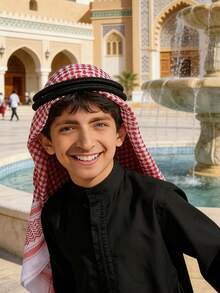 2件套儿童阿拉伯迪拜提花头巾+带流苏的沙特头带，沙特头饰，防晒，适合男孩和青少年 - 紅色 - 查看 5