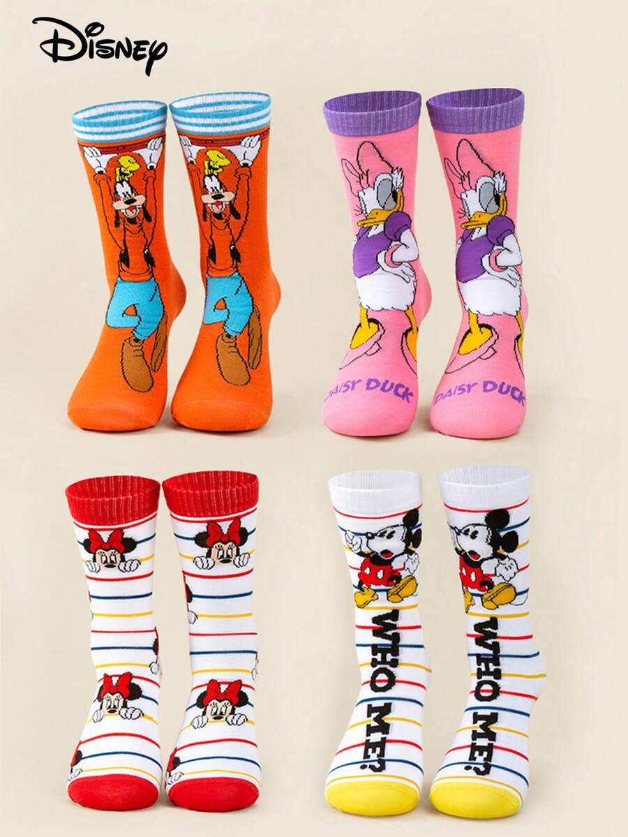 Disney 1/3/5双装男女通用经典卡通人物（黛丝鸭/布鲁托）大胆波普艺术风格混色条纹弹力透气舒适休闲短袜，适合日常穿着、国际妇女节、圣帕特里克节等场合，柔软舒适的时尚袜子，青少年和成人皆宜。 - 彩色 - 查看 1