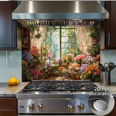 1 pieza Adhesivo de pared 2D plano con flores visibles desde el interior de una ventana de cocina. Este adhesivo de pared está hecho de material PVC simple, duradero y de alta calidad. Adecuado para la decoración del hogar y el diseño de interiores de cocinas modernas.