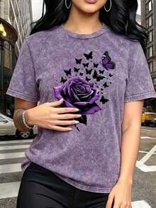 女士夏季复古玫瑰印花水洗清凉休闲简约宽松日常复古圆领短袖T恤上衣夏季女装 - 紫色 - 查看 1