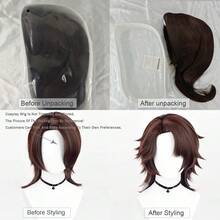 Synthetische kurze gerade braune Perücke mit Mittelscheitel, Anime-Spiel-Cosplay, flauschige Perücke hitzebeständig für tägliche Partys - Braun - Übersicht 9