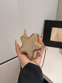 1个新款迷你金属小包，电镀银色零钱包，闪亮前卫金属五角星手提包，星形链条斜挎包，不对称手提包，配件包，优雅零钱包，耳机盒，婚礼 - 金色 - 查看 4