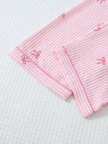 2pcs Striped Bow Print Pajama Set, Sweet & Cute Lapel Button Long Sleeve Top And Pants, Suitable For Home Wear, Autumn/Winter - Pink - View 8
