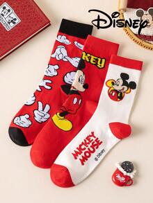 Disney 3双装正品男士袜子，绣有可爱的米奇一家卡通人物图案，中筒袜，趣味十足，适合各种场合，高品质礼品袜 - 彩色 - 查看 3