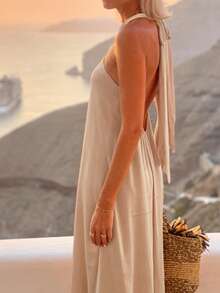 Vestido largo sin espalda de tela ligera con cinturón elástico en la cintura, estilo vacacional para primavera/verano - Dorado - Ver 6