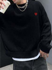 Unisex Casual Loose Fit Long Sleeve Crew Neck Sweater, Romantic Heart Embroidery Design, Fashion Pullover For Spring, Autumn & Winter