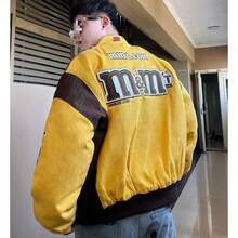 MM Bean Embroidered Racing Motorcycle Jacket Men's And Women's Loose Retro  Baseball Cotton Clothes Couple Stand-Up Collar Thickened Coat - 黃色-春秋款 - 查看 3