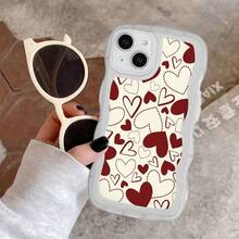 1pc Fashionable Wavy Irregular Protective Phone Case With Red Heart Pattern, Compatible With IPhone 17 Air/17 Pro/17 Pro Max/17/16e/16/15/14/13/12/11/X/XR/8/7 And Galaxy A14/A15/A54/S24/S24 Ultra Series - Clear - View 2