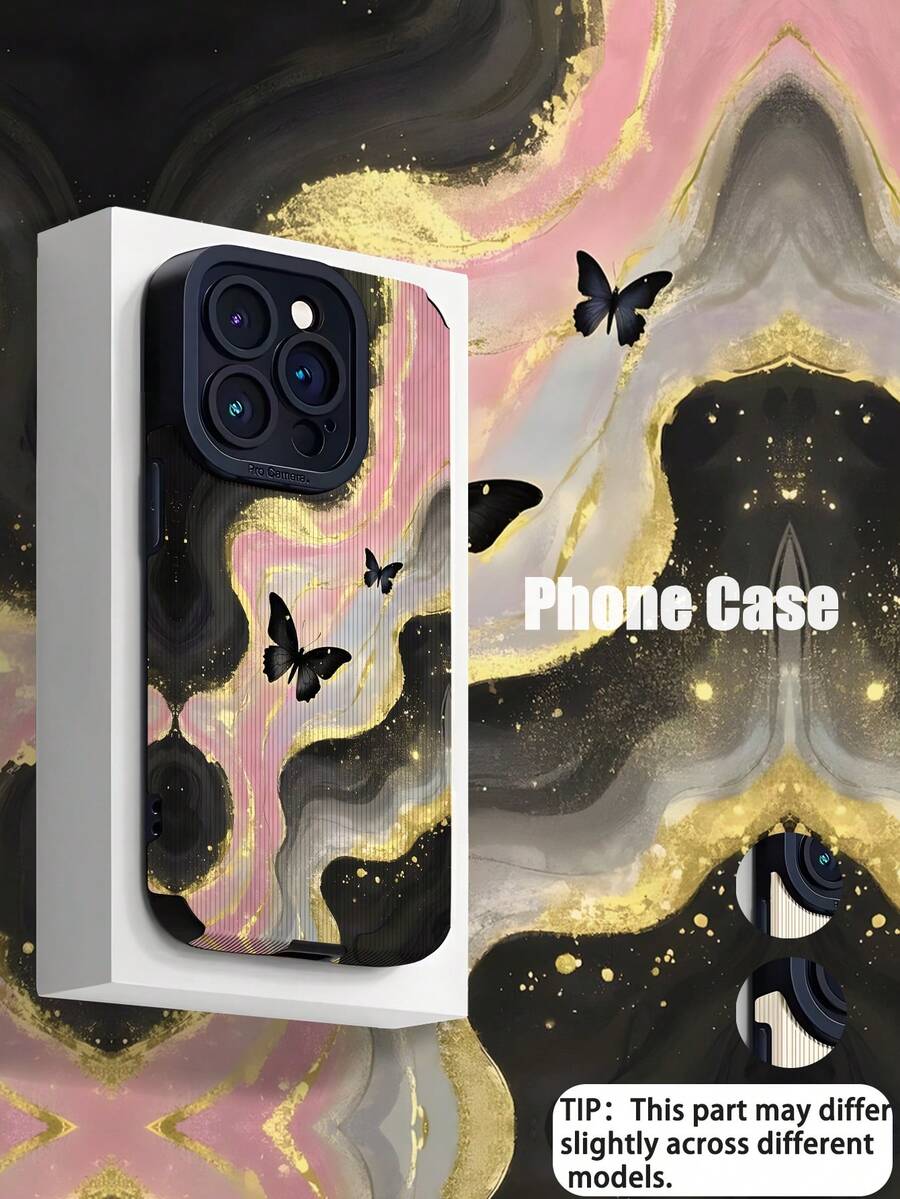 1pc Fashionable Personality Pink & Black Marble Butterfly Print Vertical Striped Faux Leather Soft Protective Phone Case, Suitable As Birthday, Holiday Gift For Friends, Family, Couples, Fits 17/17 Air/17 Pro/17 Pro Max, 16/16 Plus/16 Pro/16 Pro Max, 15/15 Plus/15 Pro - Multicolor - View 1